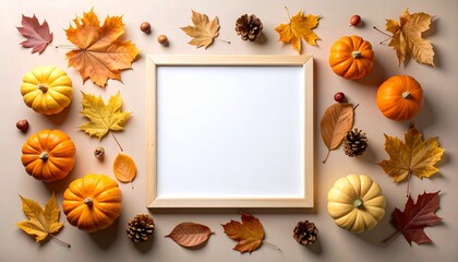 Autumn Leaves and Pumpkins Around Blank Frame on Beige