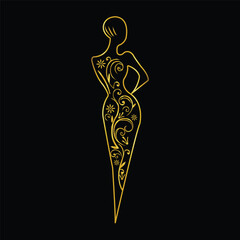 Obraz premium Elegant golden silhouette of a woman in a decorative dress with floral patterns