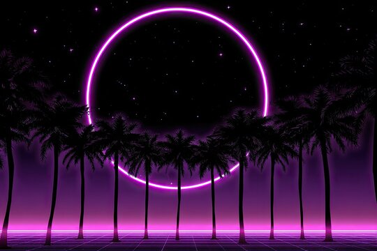 Neon pink circle and palm trees against a dark purple sky.