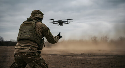 Soldier launching drone flight during a military operation in a muddy forest