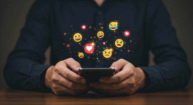 Hands holding a smartphone with floating emoji and heart reactions. Represents social media engagement, online communication, and digital feedback. - Powered by Adobe