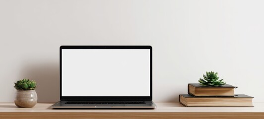 The laptop on a stylish desk with plants and books for a modern workspace.