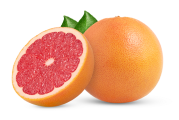 Halved pink grapefruit. Juicy grapefruit and a half with leaf isolated. Whole grapefruit and cut. Real retouched photo, not AI.