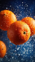 Fresh Oranges Splashing in Water Against a Blue Background