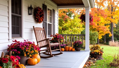 Inviting Porch with Wooden Rocking Chair and Colorful Fall Decor