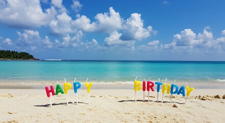 Happy Birthday candles stand cheerfully on the tropical beach sand with blue sky above it.