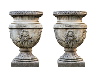 Two antique ornate stone urns with decorative carvings isolated on transparent background