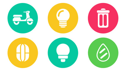 Set of six colorful circular icons with white minimalist symbols