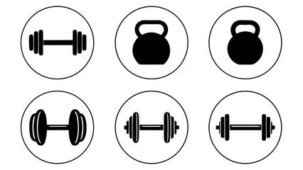 Collection of black and white fitness equipment icons in circles
