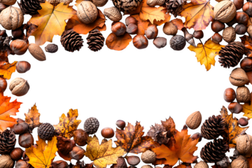 Autumn border of colorful fall leaves, nuts, and pine cones isolated on white background