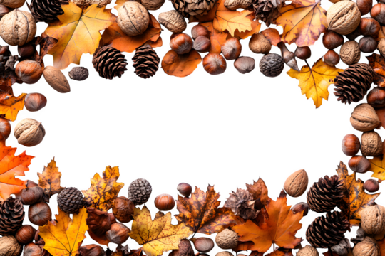 Autumn border of colorful fall leaves, nuts, and pine cones isolated on white background