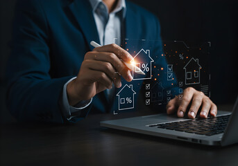 Businessman interacting with holographic house icons and percentage rates using a stylus. Represents real estate management, property investment, and mortgage analysis.