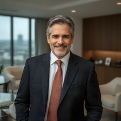 Naklejka premium Smiling middle aged businessman in a suit standing in modern office