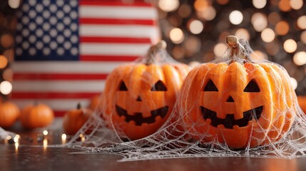 Patriotic Halloween celebration with Jack-o'-lanterns and an American flag backdrop