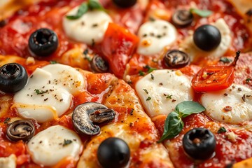 Hot crispy pizza with mozzarella, black olives, and vegetables on a golden crust