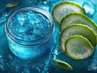 Blue aloe vera gel in a glass jar, with aloe slices and ice