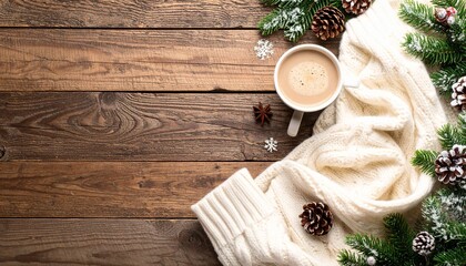 Winter Beige Coffee Cup on Rustic Wooden Table with Cream Sweater