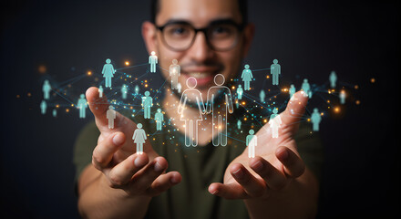 Smiling man presenting a network of glowing human icons floating between his hands. Represents social networking, community, and global connection.