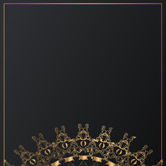 Elegant gold mandala ornament on black background with decorative border, luxury vintage design element