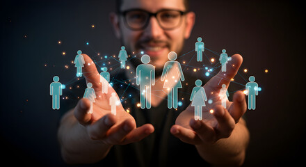 Smiling man presenting a network of glowing human icons floating between his hands. Represents social networking, community, and global connection.