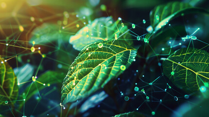 Abstract visual of plant biotechnology showing molecular pathways of vitamin synthesis in engineered leaves, neon biolab aesthetic