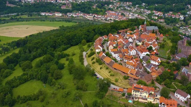 Aerial panorama view around the city and Dilsberg Castle in Germany beside the neckar river. On a sunny spring day.