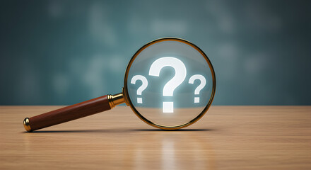Magnifying glass illuminating a large glowing question mark. Represents inquiry, searching for answers, problem-solving, and curiosity.