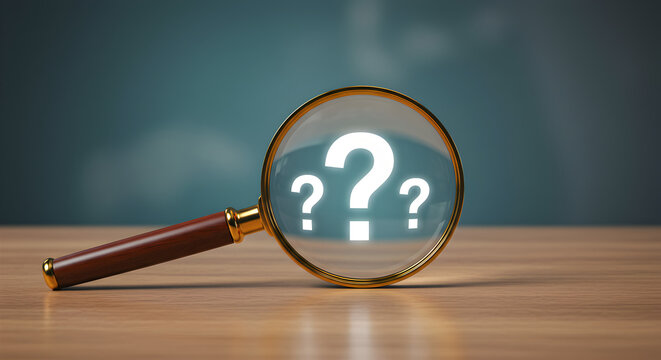Magnifying glass illuminating a large glowing question mark. Represents inquiry, searching for answers, problem-solving, and curiosity.