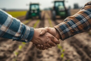 Farmers' handshake symbolizes partnership and growth amidst thriving agricultural landscape
