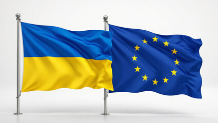 Dynamic Ukrainian and European Union flags waving together, symbolizing unity and international cooperation