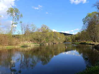 Calm River with Tree Reflections and Green Hills on a Sunny Spring Day