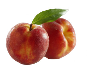 Two vibrant donut peaches with a fresh green leaf presented, isolated on transparent background