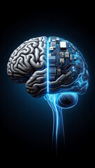 3D medical illustration of a human brain with intelligence and mind elements, showing anatomy and neurology through a blue abstract x-ray concept, AI generated	