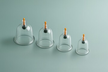 Transparent cupping therapy cups in ascending size. Alternative medicine tools for relaxation or pain relief. Hijama, treatment according to the Sunnah.