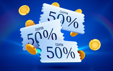 3d coupons with golden coins. Special giveaway voucher, percentage off. Gift voucher template. Vector illustration
