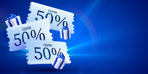 3d coupon with golden coins and present boxes. Special giveaway voucher, percentage off. Gift voucher template. Vector illustration