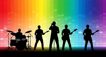 Silhouette of a band performing on stage with a vibrant rainbow and pixelated background, featuring a drummer, guitarists, and a singer at the microphone.