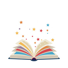 Open book with colorful pages and magic stars above it  on transparent background  