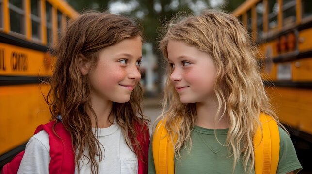 Two young schooirls with backpacks stand facing each other near school buses on a bright sunny day.