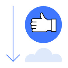 Obraz premium Thumbs-up gesture inside blue circle, downward arrow, and cloud icon for approval, download, or data storage concept. Ideal for technology, communication, feedback, success support cloud computing