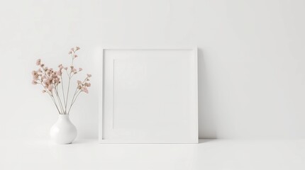 White square frame mockup with pink oleander in a vase