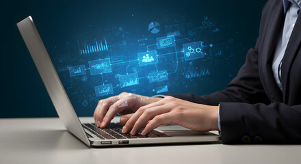 Person typing on a laptop with a glowing business network and data flow diagram. Represents IT solutions, digital transformation, and business intelligence.