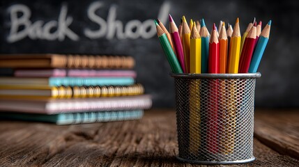 Back to school concept with colorful pencils in a cup and stacked notebooks on a rustic wooden surface.