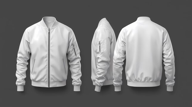 White tracksuit top mockup in front, side and back views, sportswear, 3d illustration, 3d rendering