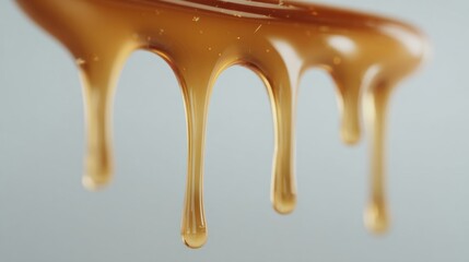 Golden Liquid Honey Dripping Slowly from Wooden Spoon Background