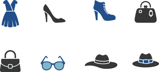 Assorted Flat Design Fashion Icons in Blue and Gray on White Background Keywords: fashion, clothing, apparel, style, accessory, icon, illustration, graphic, design, outfit, wardrobe, collection