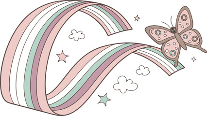 Whimsical butterfly dances on pastel rainbow ribbons with dreamy clouds and stars.