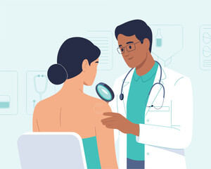 Dermatologist doctor examining a patient's skin with a magnifying dermatoscope in a medical clinic.