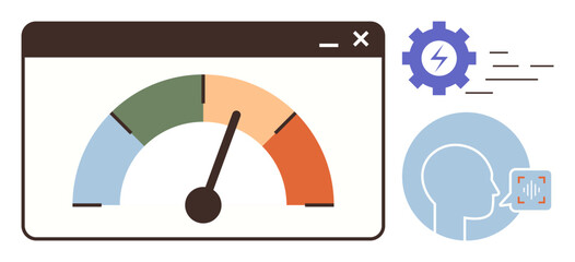 Web dashboard displaying a performance gauge alongside voice recognition visualization and settings gear. Ideal for productivity, technology, data analysis, efficiency, optimization, innovation, user