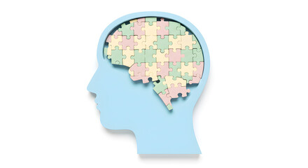 Human head silhouette filled with colorful puzzle pieces. Represents mental health, understanding, intelligence, and cognitive processes.